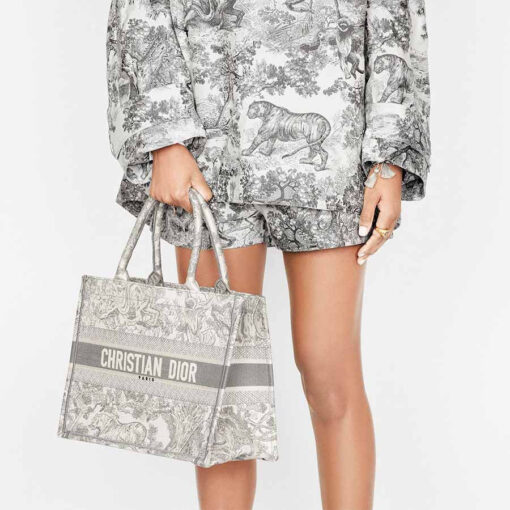 Dior Medium Book Tote Bag in Gray Toile de Jouy Embroidery 5